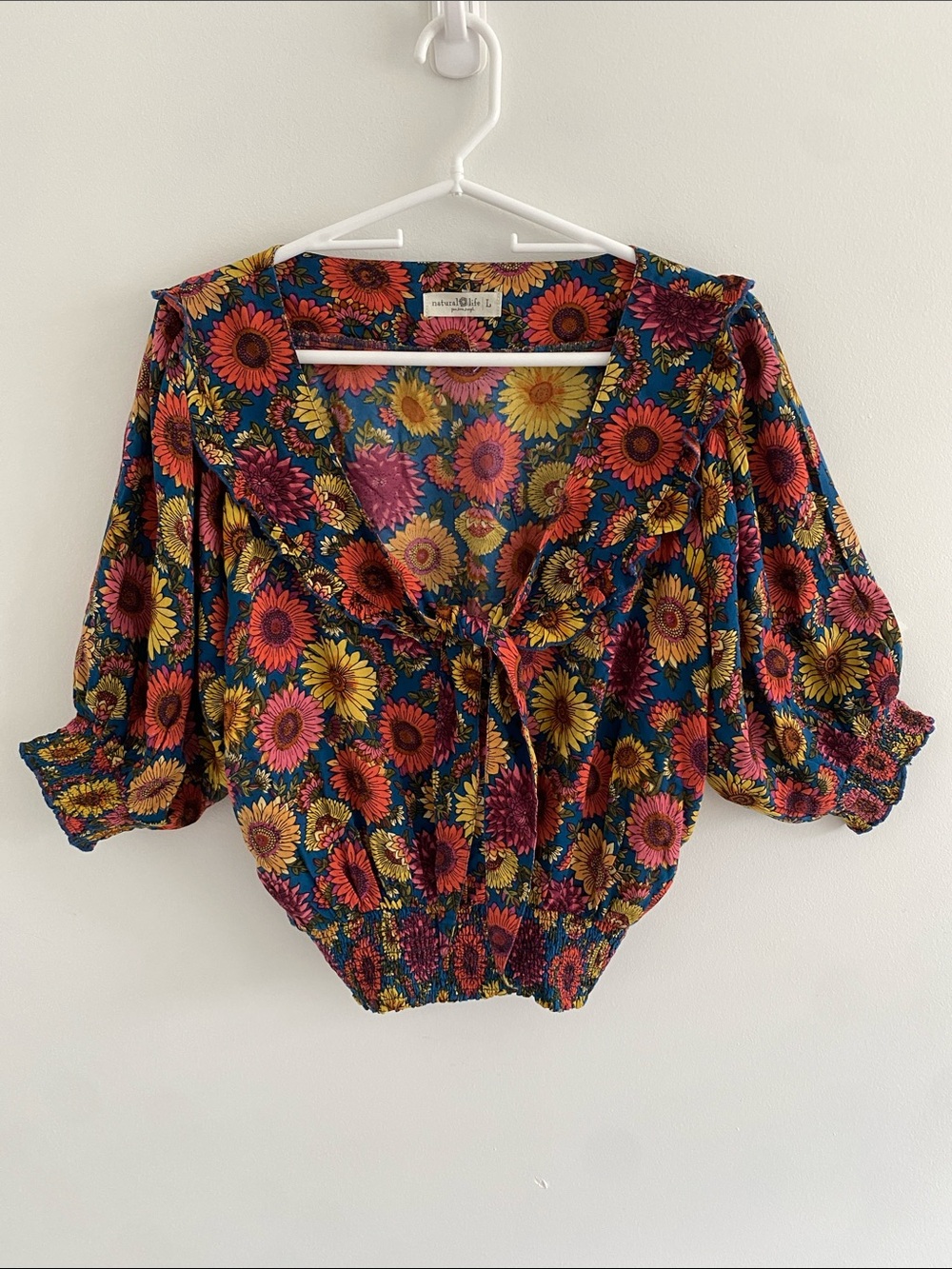 Natural Life Boho Smocked Waist Tie Front Ruffle Sunflower Peasant Top Blouse L